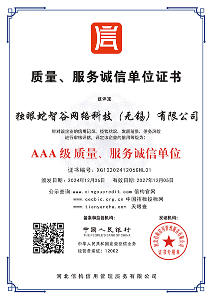 质量、服务诚信单位证书